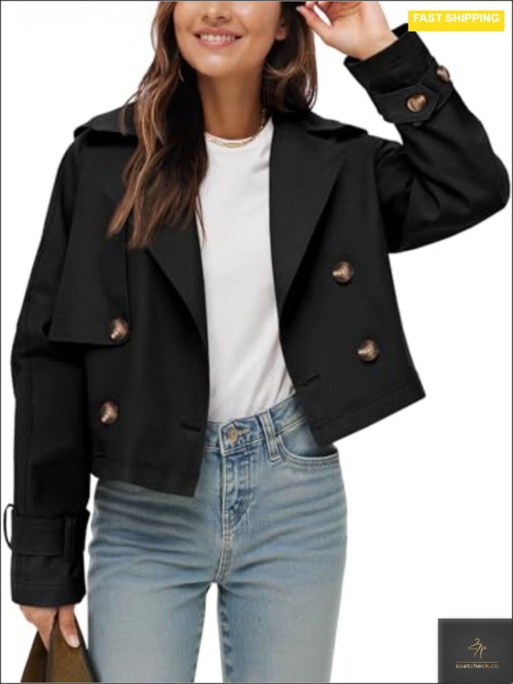 Women's Cropped Trench Coat Double Breasted Notched Lapel Lightweight Jacket